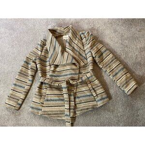 JAime Womens Large Striped Belted Jacket Beige/Black/White Large